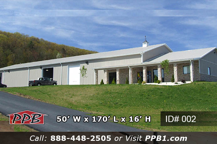 Full exterior of 002 50x170x16 stone veneer post frame building with cupola in Pennsylvania