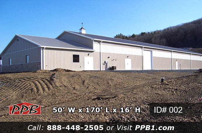Rear exterior of 002 50x170x16 50x170 commercial pole barn showing full building length Pennsylvania