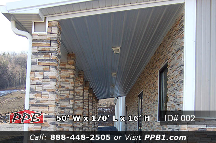 Stone veneer columns and covered lean-to soffit detail on 002 50x170x16 Pennsylvania commercial building