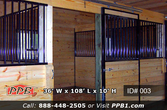 003 (36’Wx108’Lx10’H) 4 Interior horse stall fronts with pine board walls and black metal gates inside 003 36x108x10 equestrian post frame building