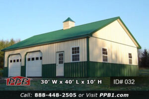 30x40 post-frame garage with 48-inch cupola ridge vent and insulated windows
