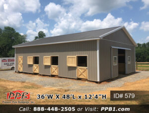 Pole Building Dimensions: 36’ W x 48’ L x 12’ 4” H (ID# 579) Horse Barn with 6 Stalls 36’ Standard Trusses, 4’ on Center 4/12 Pitch Colors: Siding Color: Clay Roofing Color: Bronze Trim Color: Brite White