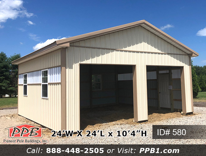 Pole Building Dimensions: 24’ W x 24’ L x 10’ 4” H (ID# 580) Two-Car Garage with Sidelights 24’ Standard Trusses, 4’ on Center 4/12 Pitch Colors: Siding Color: Beige Roofing Color: Tan Trim Color: Tan