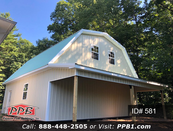 Gambrel Pole Building Dimensions: 30’ W x 32’ L x 10’ 4” H (ID# 581) Gambrel Garage with Storage 30’ Standard Trusses, 2’ on Center Colors: Siding Color: Light Stone Roofing Color: Patina Green Trim Color: White