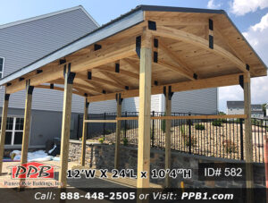 Pavilion Dimensions: 12’ W x 24’ L x 10’ 4” H Pavilion (ID# 582) Open Walls with 8’ Pole Spacing 12’ Arched Glu-laminated Trusses, 4’ 5” on Center 4/12 Roof Pitch Colors: Roofing Color: Charcoal Trim Color: Natural