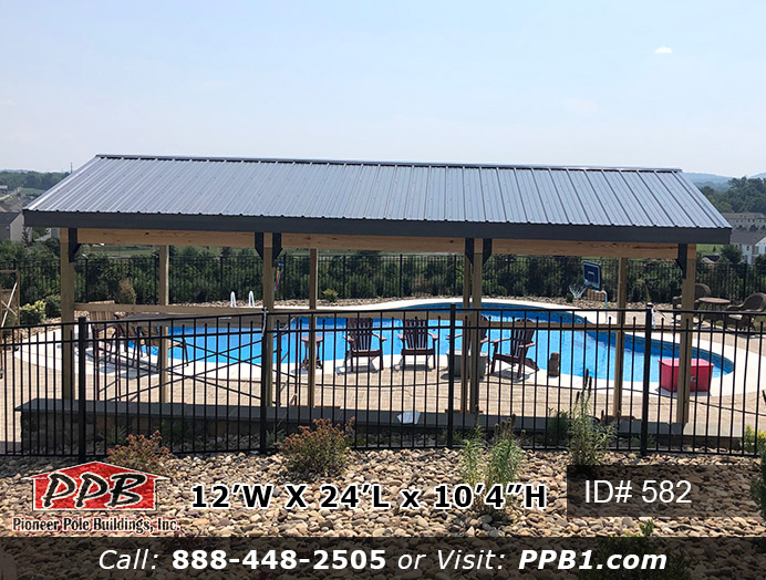 Pavilion Dimensions: 12’ W x 24’ L x 10’ 4” H Pavilion (ID# 582) Open Walls with 8’ Pole Spacing 12’ Arched Glu-laminated Trusses, 4’ 5” on Center 4/12 Roof Pitch Colors: Roofing Color: Charcoal Trim Color: Natural
