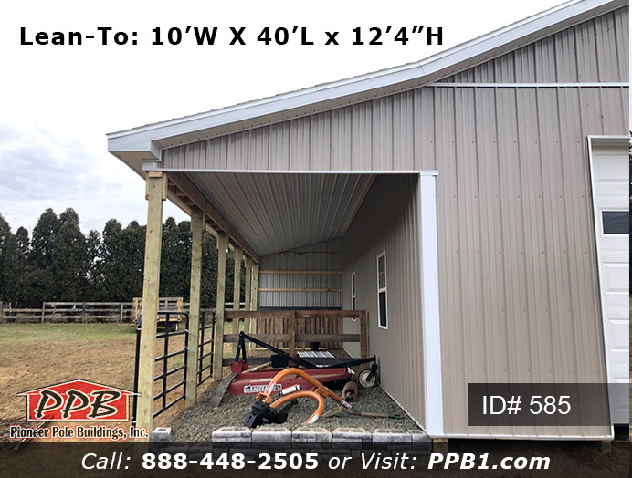 Pole Building Dimensions: 30’ W x 40’ L x 12’ 4” H (ID# 585) A Nice Size Garage with Lean-To 30’ Standard Trusses, 2’ on Center 5/12 Pitch Colors: Siding Color: Clay Roofing Color: Weathered Wood (Architectural Shingles) Trim Color: White
