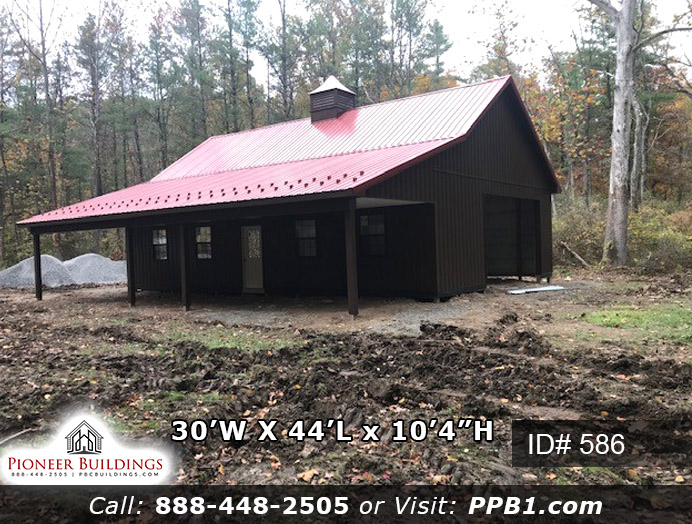 Pole Building Dimensions: 30’ W x 44’ L x 10’ 4” H (ID# 586) Ultra-Fine Three-Car Garage 30’ Standard Trusses, 4’ on Center 8/12 Pitch Colors: Siding Color: Brown Roofing Color: Red Trim Color: Brown & Red