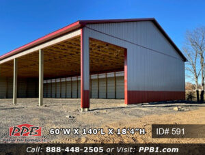 60’ W x 140’ L x 18’ 4” H (ID# 591) Two-Tone 3-Sided Building 60’ Standard Trusses, 4’ on Center 4/12 Pitch