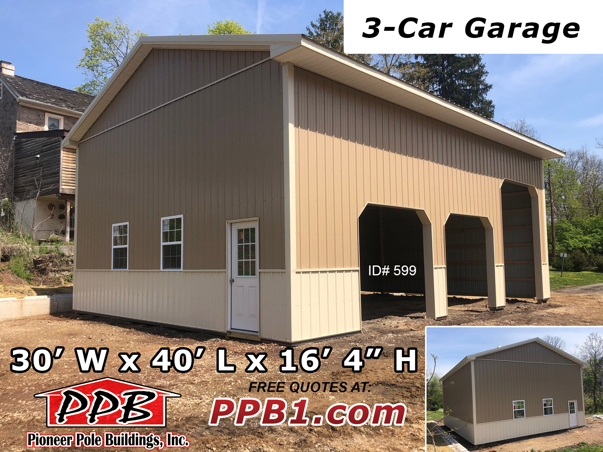 30’ W x 40’ L x 16’ 4” H (ID# 599) Two-Tone & Three-Car Garage with Cupola 