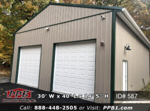 Pole Building Dimensions: 30’ W x 40’ L x 14’ 5” H (ID# 587) A Well-Lit Two-Car Garage 30’ Standard Trusses, 4’ on Center 4/12 Pitch Colors: Siding Color: Clay Roofing Color: Ivy (Green) Trim Color: Ivy (Green)