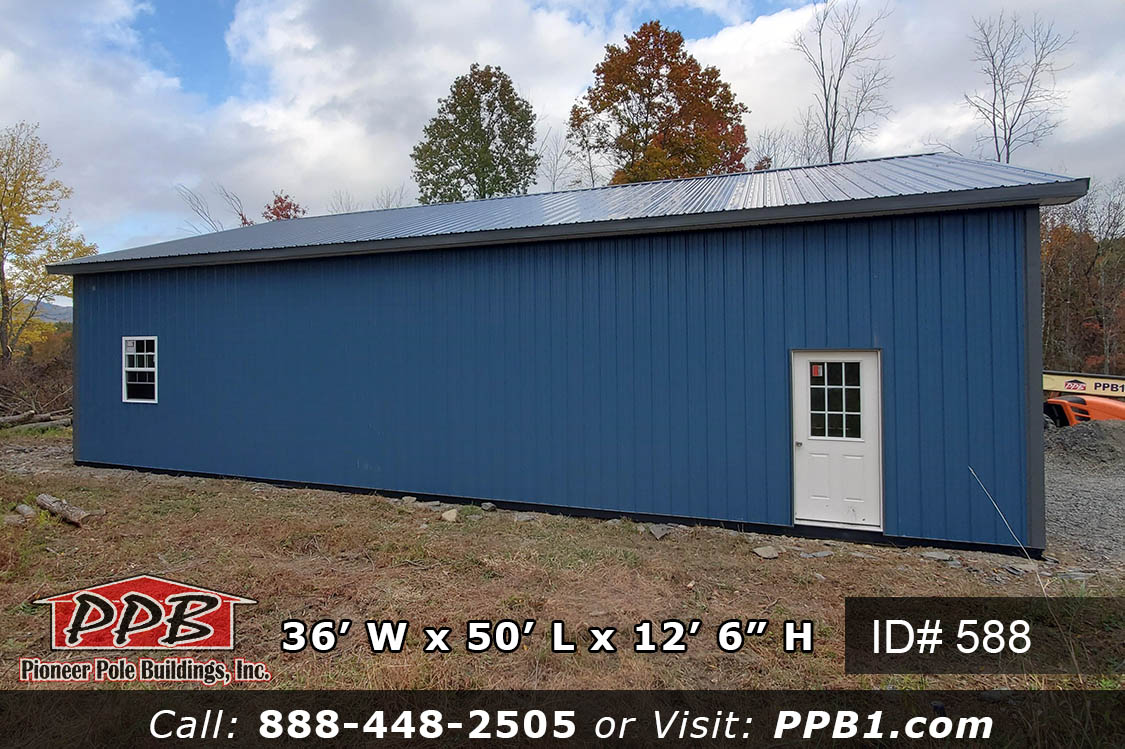 Pole Building Dimensions: 36’ W x 50’ L x 12’ 6” H (ID# 588) A Big Ocean Blue Garage 36’ Standard Trusses, 4’ on Center 4/12 Pitch Colors: Siding Color: Ocean Blue Roofing Color: Charcoal Trim Color: Charcoal