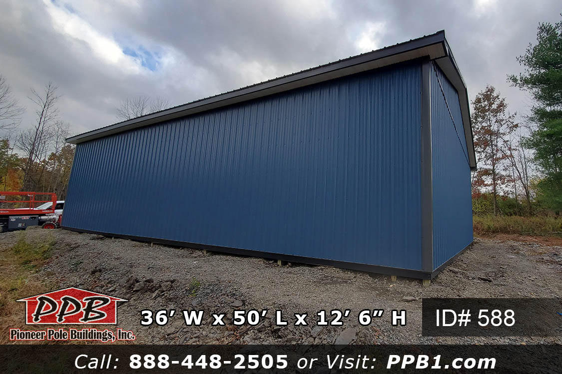 Pole Building Dimensions: 36’ W x 50’ L x 12’ 6” H (ID# 588) A Big Ocean Blue Garage 36’ Standard Trusses, 4’ on Center 4/12 Pitch Colors: Siding Color: Ocean Blue Roofing Color: Charcoal Trim Color: Charcoal