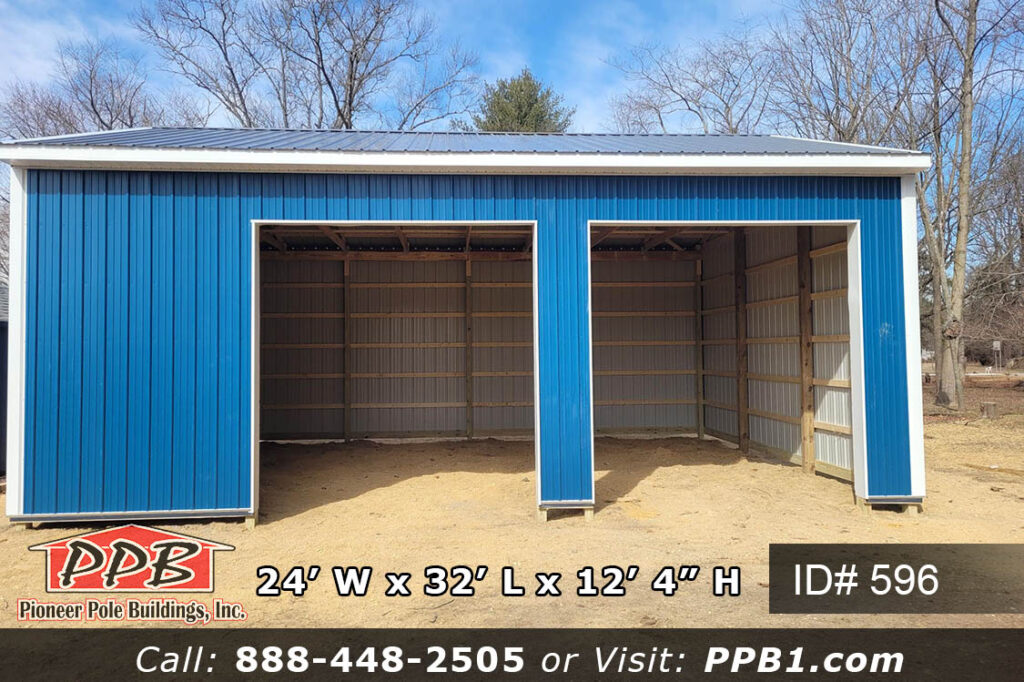 596 (24’Wx32'Lx12’H) 3 596 24x32x12 post frame garage front elevation with open overhead door bays before door installation