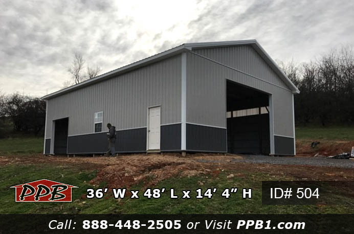 Agricultural Pole Barn Dimensions: 36’ W x 48’ L x 14’ 4” H (ID# 504) 36’ Standard Trusses, 4’ on Center 4/12 Pitch Agricultural Pole Barn Colors: Two-Tone Siding: Upper Color: Ash Gray Lower Color: Charcoal Roofing Color: Charcoal Trim Color: Brite White Openings: (1) 16’ x 12’ Garage Door (1) 9’ x 8’ Garage Door (1) 3068 6-Panel Insulated Entry Door (2) 3’ x 4’ Single-Hung Windows with Grids & Screens