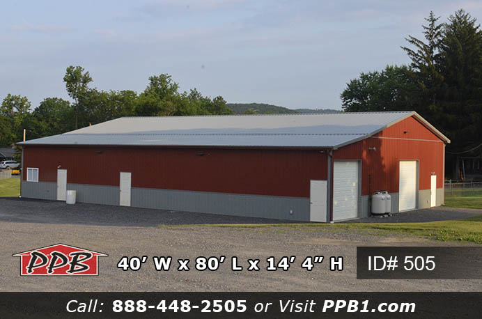 Sports Building Dimensions: 40’ W x 80’ L x 14’ 4” H (ID# 505) 40’ Standard Trusses, 4’ on Center 3/12 Pitch Sports Building Colors: Siding: Upper Color: Red Lower Color: Slate Roofing Color: Slate Trim Color: Slate