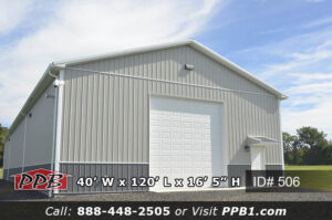 Viper Garage Dimensions: 40’ W x 120’ L x 16’ 5” H (ID# 506) 40’ Standard Trusses, 4’ on Center 4/12 Pitch Viper Garage Colors: Siding: Upper Color: Ash Gray Lower Color: Charcoal Roofing Color: Charcoal Trim Color: Brite White