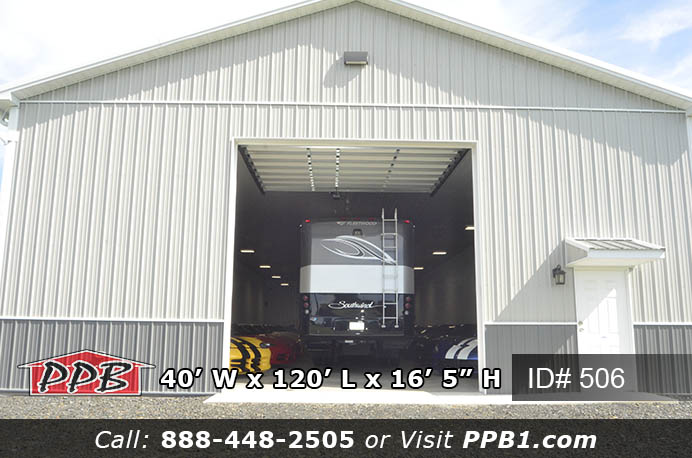 Viper Garage Dimensions: 40’ W x 120’ L x 16’ 5” H (ID# 506) 40’ Standard Trusses, 4’ on Center 4/12 Pitch Viper Garage Colors: Siding: Upper Color: Ash Gray Lower Color: Charcoal Roofing Color: Charcoal Trim Color: Brite White