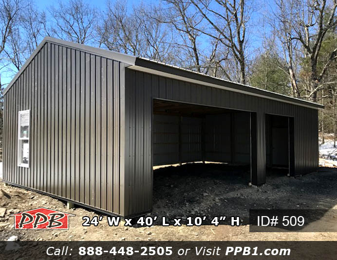 Bronze Two-Car Garage Dimensions: 24’ W x 40’ L x 10’ 4” H (ID# 509) 24’ Standard Trusses, 4’ on Center 4/12 Pitch Colors: Siding Color: Bronze Roofing Color: Patina Green Trim Color: Bronze Openings: (1) 9’ x 8’ Garage Door, Color: White (1) 16’ x 8’ Garage Door, Color: White (1) 3068 6-Panel Insulated Entry Door (1) Window (Customer Supplied)