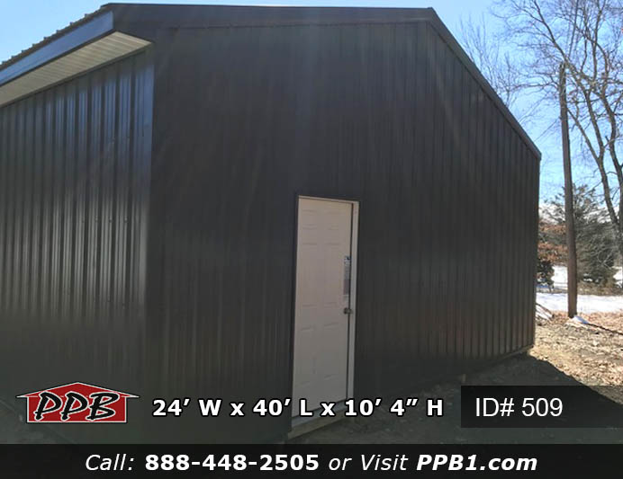 Bronze Two-Car Garage Dimensions: 24’ W x 40’ L x 10’ 4” H (ID# 509) 24’ Standard Trusses, 4’ on Center 4/12 Pitch Colors: Siding Color: Bronze Roofing Color: Patina Green Trim Color: Bronze Openings: (1) 9’ x 8’ Garage Door, Color: White (1) 16’ x 8’ Garage Door, Color: White (1) 3068 6-Panel Insulated Entry Door (1) Window (Customer Supplied)