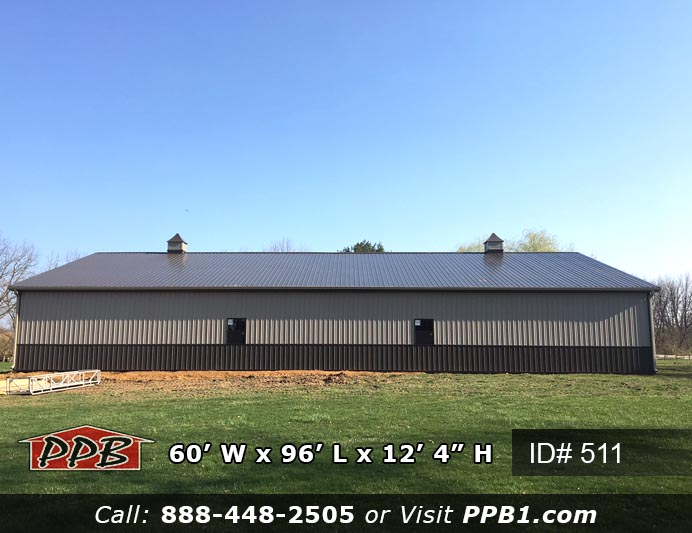 Two-Tone Garage Dimensions: 60’ W x 96’ L x 12’ 4” H (ID# 511) 60’ Standard Trusses, 4’ on Center 4/12 Pitch Colors: Two-Tone Siding Color: Upper Color: Clay Lower Color: Bronze Roofing Color: Bronze Trim Color: Bronze Openings: (2) 10’ x 10’ Split-Slider Doors, Color: Bronze, with Brown Frame (1) 3068 6-Panel Insulated Entry Door (9) 3’ x 4’ Single-Hung Windows with Grids, Color: Dark Bronze