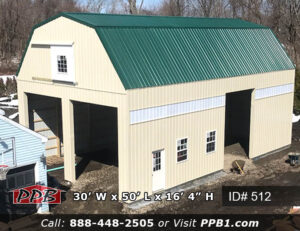 Gambrel Barn Dimensions: 30’ W x 50’ L x 16’ 4” H (ID# 512) 30’ Gambrel Trusses, 2’ on Center Colors: Siding Color: Light Stone Roofing Color: Ivy (Green) Trim Color: Light Stone & Ivy (Green) Openings: (1) 10’ x 14’ Garage Door (2) 12’ x 14’ Garage Doors (1) 9-Lite Entry Door (Insulated) (3) 3’ x 4’ Single Hung Insulated Windows with Screens & Grids (1) 6’ x 6’ Single Slider Door with 3’ x 3’ Window