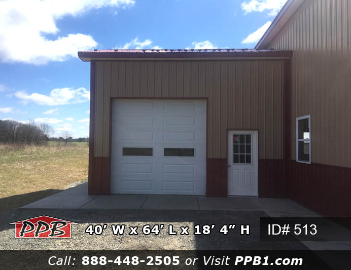 Custom Pole Building Dimensions: 40’ W x 64’ L x 18’ 4” H (ID# 513) 40’ Standard Trusses, 4’ on Center 4/12 Pitch Colors: Siding: Upper Color: Tan Lower Color: Red Roofing Color: Red Trim Color: Red Openings: (2) 14’ x 14’ Garage Doors with Windows (1) 10’ x 10’ Garage Door with Windows (2) 3068 9-Lite Entry Doors (Insulated) (8) 3’ x 4’ Single-Hung Windows with Screens & No Grids