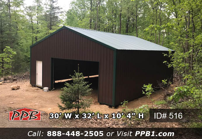 One Car Garage Dimensions: 30’ W x 32’ L x 10’ 4” H 30’ Standard Trusses, 4’ on Center 4/12 Pitch Colors: Siding Color: Brown Roofing Color: Ivy (Green) Trim Color: Ivy (Green) Openings: (1) 16’ x 8’ Garage Door (1) 3068 6-Panel Entry Door (Insulated)
