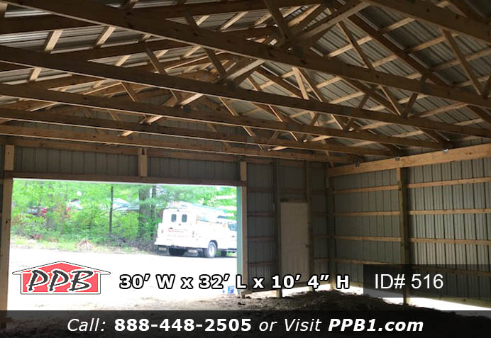 One Car Garage Dimensions: 30’ W x 32’ L x 10’ 4” H 30’ Standard Trusses, 4’ on Center 4/12 Pitch Colors: Siding Color: Brown Roofing Color: Ivy (Green) Trim Color: Ivy (Green) Openings: (1) 16’ x 8’ Garage Door (1) 3068 6-Panel Entry Door (Insulated)
