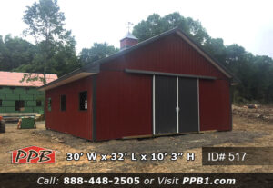 Pole Building Dimensions: 30’ W x 32’ L x 10’ 3” H (ID# 517) Red Building with Cupola 30’ Standard Trusses, 4’ on Center 6/12 Pitch Colors: Siding Color: Red Roofing Color: Charcoal Trim Color: Charcoal Openings: (1) 10’ x 10’ Split Slider Door, Color: Charcoal (1) 10’ x 10’ Split Slider Door with (2) 3’ x 3” Windows with Grids, Color: Charcoal (1) 3068 9-Lite Entry Door (Insulated) (3) Windows (Frame-Out Only) (1) 3’ x 4’ Single-Hung Windows with Screens & Grids
