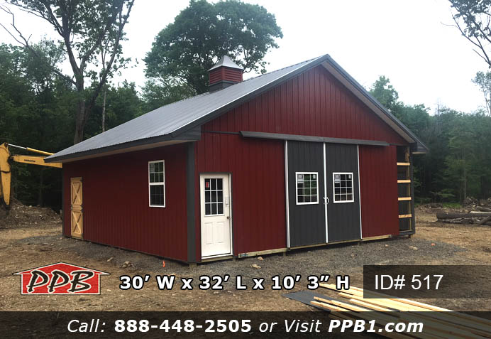 Pole Building Dimensions: 30’ W x 32’ L x 10’ 3” H (ID# 517) Red Building with Cupola 30’ Standard Trusses, 4’ on Center 6/12 Pitch Colors: Siding Color: Red Roofing Color: Charcoal Trim Color: Charcoal Openings: (1) 10’ x 10’ Split Slider Door, Color: Charcoal (1) 10’ x 10’ Split Slider Door with (2) 3’ x 3” Windows with Grids, Color: Charcoal (1) 3068 9-Lite Entry Door (Insulated) (3) Windows (Frame-Out Only) (1) 3’ x 4’ Single-Hung Windows with Screens & Grids 