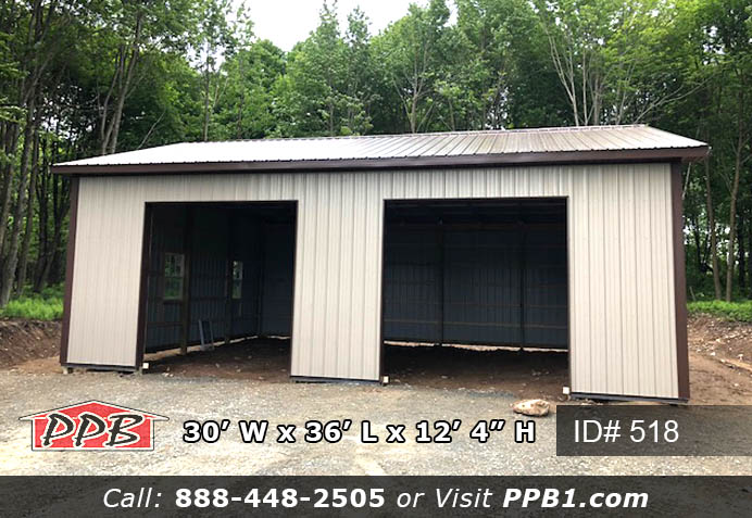 Dimensions: 30’ W x 36’ L x 12’ 4” H (ID# 518) 30’ Standard Trusses, 4’ on Center 4/12 Pitch Colors: Siding Color: Clay Roofing Color: Brown Trim Color: Brown Openings: (2) 10’ x 10’ Carriage Garage Doors, Color: White, with Arched Stockton Windows (1) 3068 9-Lite Insulated Entry Door (4) 3’ x 4’ Single-Hung Windows with Screens & Grids, Color: White