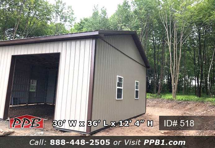 Dimensions: 30’ W x 36’ L x 12’ 4” H (ID# 518) 30’ Standard Trusses, 4’ on Center 4/12 Pitch Colors: Siding Color: Clay Roofing Color: Brown Trim Color: Brown Openings: (2) 10’ x 10’ Carriage Garage Doors, Color: White, with Arched Stockton Windows (1) 3068 9-Lite Insulated Entry Door (4) 3’ x 4’ Single-Hung Windows with Screens & Grids, Color: White