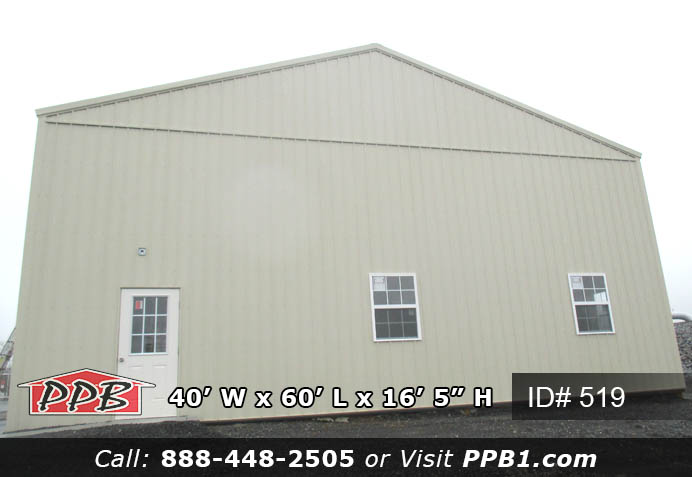 Pole Building Dimensions: 40’ W x 60’ L x 16’ 5” H (ID# 519) Nice Size Storage Building 40’ Standard Trusses, 4’ on Center 4/12 Pitch Colors: Siding Color: Light Stone Roofing Color: Light Stone Trim Color: Light Stone Openings: (2) 12’ x 14’ Garage Doors, Color: White (2) 3068 9-Lite Insulated Entry Doors (8) 3’ x 4’ Single-Hung Windows with Screens & Grids, Color: White 
