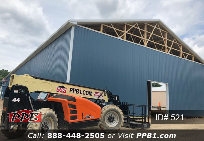 Pole Building Dimensions: 60’ W x 200’ L x 20’ 6” H (ID# 521) Big Blue Machine Shop 60’ Standard Trusses, 4’ on Center 4/12 Pitch Colors: Siding Color: Ocean Blue Roofing Color: Brite White Trim Color: Brite White Openings: (1) 20’ x 16’ Hi-Lift Commercial Garage Door (2) 10’ x 10’ Hi-Lift Commercial Garage Doors (6) 3068 6-Panel Insulated Entry Doors (1) 3068 9-Lite Insulated Entry Door (7) 3’ x 4’ Single-Hung Windows with Screens, Color: White 