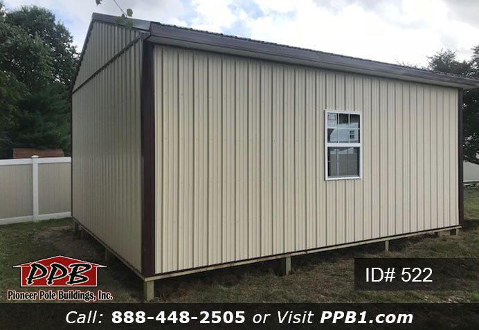 Pole Building Dimensions: 20’ W x 24’ L x 10’ 6” H (ID# 522) One-Car Garage with Windows 20’ Standard Trusses, 4’ on Center 4/12 Pitch Colors: Siding Color: Beige Roofing Color: Black Trim Color: Burgundy Openings: (1) 12’ x 8’ Carriage House Garage Door with 3-Piece Arched Stockton Windows with Dutch Corners (1) 3068 9-Lite Insulated Entry Door (2) 3’ x 4’ Single-Hung Windows with Screens & Grids, Color: White 