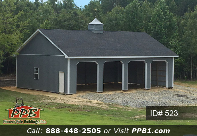 Pole Building Dimensions: 34’ W x 48’ L x 12’ 4” H (ID# 523) Gray Four-Car Garage with Shingles 34’ Standard Trusses, 2’ on Center 6/12 Pitch Colors: Siding Color: Slate Roofing Color: Charcoal (Shingles) Trim Color: Brite White Openings: (4) 9’ x 10’ Carriage House Garage Doors with 2-Piece Arched Stockton Windows & Dutch Corners (1) 12’ x 12’ Split-Slider Door, Color: Slate (1) 3068 6-Panel Insulated Entry Door (1) 3’ W x 4’ H Single-Hung Window with Grids & Screens 