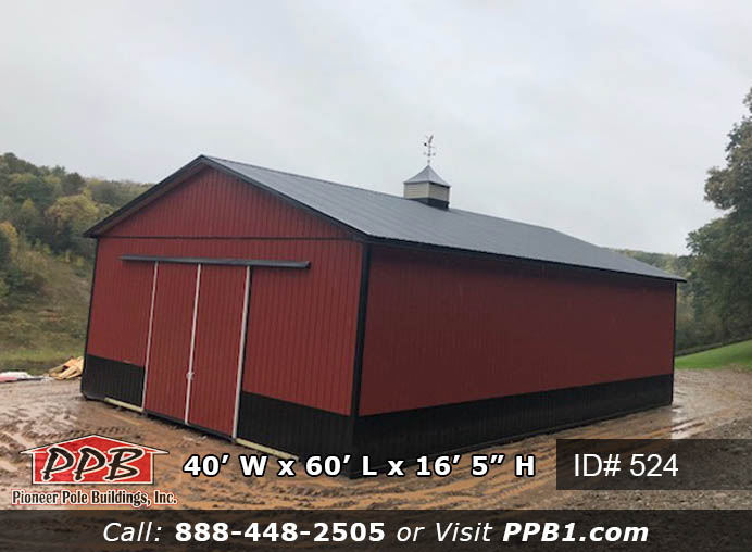 Pole Building Dimensions: 40’ W x 60’ L x 16’ 5” H (ID# 524) Two-Tone Equipment Stoage Barn 40’ Standard Trusses, 4’ on Center 4/12 Pitch Colors: Two-Tone Siding Color: Upper Color: Red Lower Color: Black Roofing Color: Black Trim Color: Black Openings: (1) 14’ x 14’ Split-Slider Doors, Color: Red, with White Frame (1) 8’ x 8’ Slider Door, Color: Red, with White Frame (1) 3068 9-Lite Insulated Fiberglass Entry Door (5) 3’ x 4’ Single-Hung Windows with Grids, Color: White 