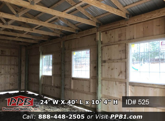Board & Batten Pole Building Dimensions: 24’ W x 40’ L x 10 ’ 4” H (ID# 525) Board & Batten Horse Home & Storage Garage 24’ Standard Trusses, 4’ on Center 4/12 Pitch Colors: Siding: Natural (Board & Batten) Roofing Color: Ash Gray Trim Color: Ash Gray & Natural (Board & Batten) Openings: (2) 10’ x 10’ Slider Doors, Non-Insulated, Color: Natural (Board & Batten), with White Frame (1) 4’ x 7’ Pine Dutch Doors, Outswing, Color: Natural (3) 4’ x 4’ Fixed Glass Windows with Grids, Color: White (2) 3’ x 4’ Single-Hung Windows with Grids & Screen, Color: White 