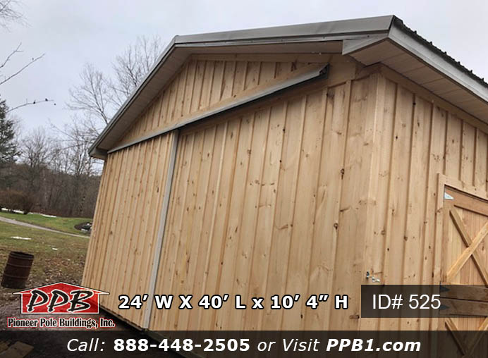 Board & Batten Pole Building Dimensions: 24’ W x 40’ L x 10 ’ 4” H (ID# 525) Board & Batten Horse Home & Storage Garage 24’ Standard Trusses, 4’ on Center 4/12 Pitch Colors: Siding: Natural (Board & Batten) Roofing Color: Ash Gray Trim Color: Ash Gray & Natural (Board & Batten) Openings: (2) 10’ x 10’ Slider Doors, Non-Insulated, Color: Natural (Board & Batten), with White Frame (1) 4’ x 7’ Pine Dutch Doors, Outswing, Color: Natural (3) 4’ x 4’ Fixed Glass Windows with Grids, Color: White (2) 3’ x 4’ Single-Hung Windows with Grids & Screen, Color: White 