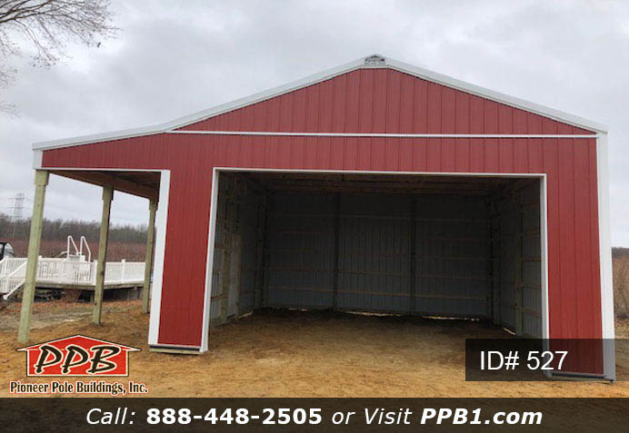 Red Pole Building Dimensions: 24’ W x 28’ L x 12’ 4” H (ID# 527) 24’ Standard Trusses, 4’ on Center 4/12 Pitch Colors: Siding Color: Red Roofing Color: Brite White Trim Color: Brite White Openings: (1) 18’ x 10’ Residential Garage Door (1) 3068 6-Panel Insulated Entry Door