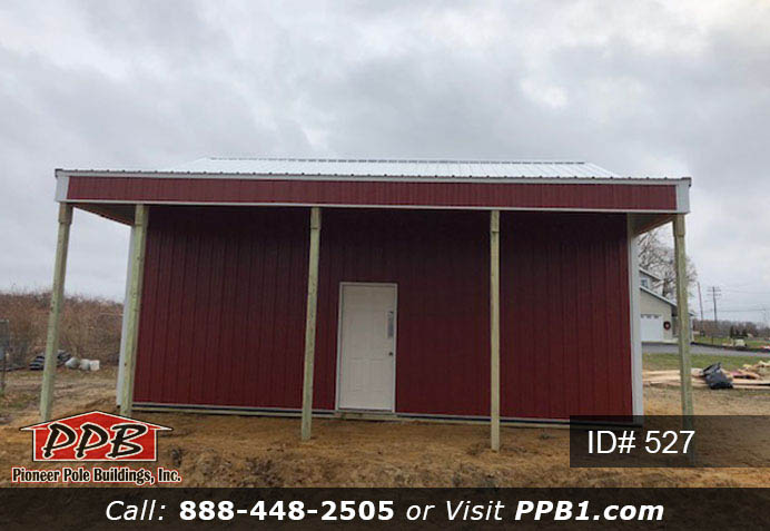 Red Pole Building Dimensions: 24’ W x 28’ L x 12’ 4” H (ID# 527) 24’ Standard Trusses, 4’ on Center 4/12 Pitch Colors: Siding Color: Red Roofing Color: Brite White Trim Color: Brite White Openings: (1) 18’ x 10’ Residential Garage Door (1) 3068 6-Panel Insulated Entry Door