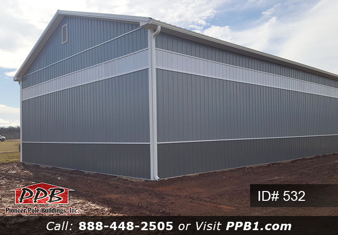 Pole Building Dimensions: 40’ W x 60’ L x 16’ 4” H (ID# 532) 40’ Standard Trusses, 4’ on Center 4/12 Pitch Colors: Two-Tone Siding Color: Upper Color: Slate Lower Color: Charcoal Roofing Color: Charcoal Trim Color: Brite White