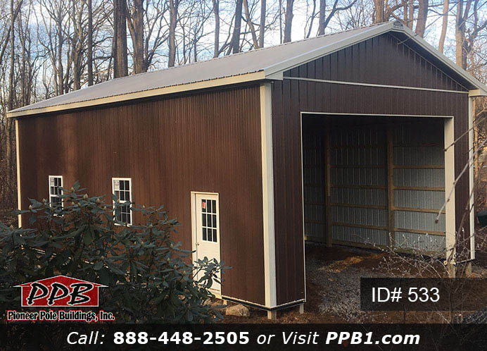 Pole Building Dimensions: 24’ W x 40’ L x 14’ 4” H (ID# 533) 24’ Standard Trusses, 4’ on Center 4/12 Pitch Colors: Siding Color: Brown Roofing Color: Clay Trim Color: Light Stone Openings: (1) 18” x 12” Residential Premium Garage Door with (4) Windows (1) 3068 9-Lite Insulated Entry Door (2) 3’ x 4’ Single-Hung Insulated Windows with Screens & Grids (1) Ceiling Access Door, Color: Bright White