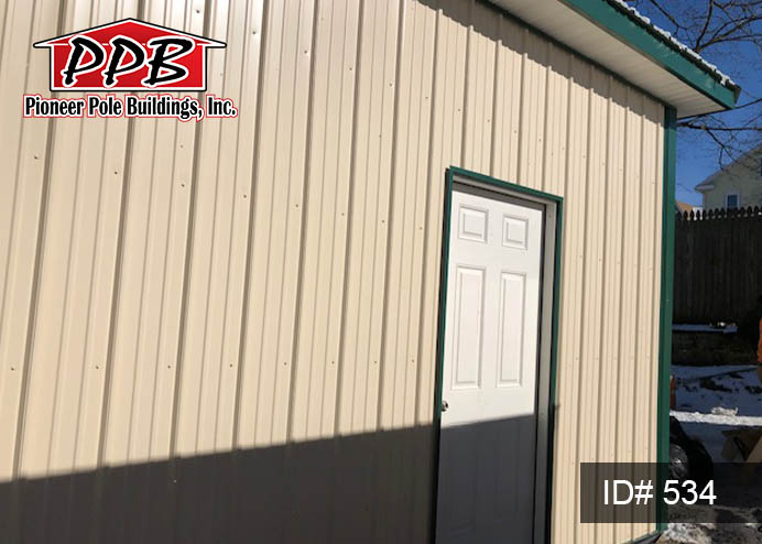 Pole Building Dimensions: 16’ W x 24’ L x 10’ 4” H 16’ Standard Trusses, 4’ on Center, 4/12 Pitch Colors: Siding Color: Beige Roofing Color: Ivy (Green) Trim Color: Ivy (Green) Openings: (1) 12’ x 8’ Residential Garage Door (2) 3’ x 4’ Single Hung Insulated Windows with Screens & Grids (1) 3068 6-Panel Entry Door