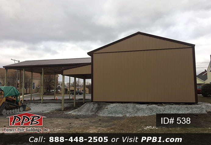 Pole Building Dimensions: 24’ W x 40’ L x 12’ 4” H (ID# 538) 24’ Standard Trusses, 4’ on Center 4/12 Pitch Colors: Siding Color: Tan Roofing Color: Brown Trim Color: Brown
