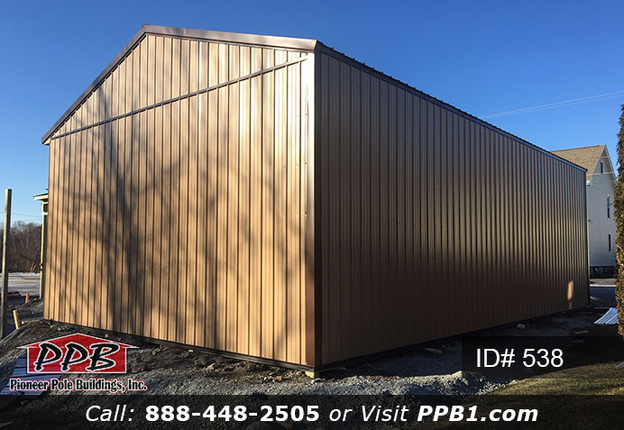 Pole Building Dimensions: 24’ W x 40’ L x 12’ 4” H (ID# 538) 24’ Standard Trusses, 4’ on Center 4/12 Pitch Colors: Siding Color: Tan Roofing Color: Brown Trim Color: Brown