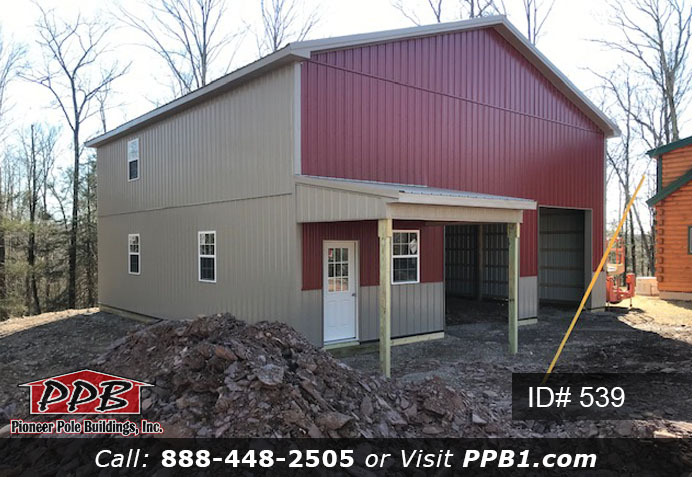Pole Building Dimensions: 40’ W x 40’ L x 18’ 4” H (ID# 539) 40’ Standard Trusses, 4’ on Center 4/12 Pitch Colors: Two-Tone Siding on Front Gable: Upper Color: Red Lower Color: Clay Siding Color: Clay Roofing Color: Clay Trim Color: Clay & Red