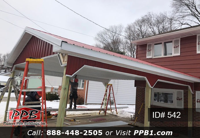 Pole Building Dimensions: 20’ W x 41’ L x 8’ 4” H (ID# 542) Pavilion or Carport with Red Roof 20’ Standard Trusses, 4’ on Center 4/12 Pitch Colors: Siding Color: Red Roofing Color: Red Trim Color: White