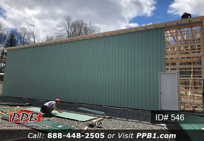 Pole Building Dimensions: 40’ W x 60’ L x 16’ 4” H (ID# 546) 4-Car Garage 40’ Standard Trusses, 2’ on Center 4/12 Pitch Colors: Siding Color: Patina Green Roofing Color: Ivy (Green) Trim Color: White